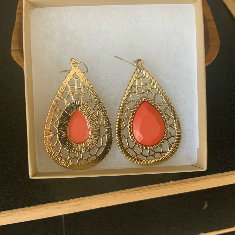 Metal & Plastic Orange and Gold fashion earrings - Picture 3 of 3